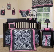 14-PCS Crib Baby Bedding Set incl. Changing Pad Cover + Music Mobile-Rose Damask