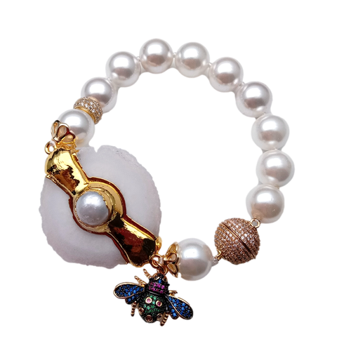 Natural Quartz Slice Cz Pave connector Insect Charm Sea Shell Pearl Bracelet - Photo 5/6