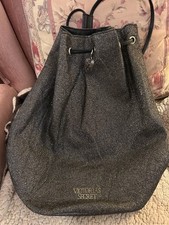 Victorias Secret Glam Shimmer Backpack Tote Bag Drawstring Glitter Gray Black