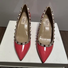 Valentino Red/Beige Patent and Leather Wedge Rockstud Pumps Size 37