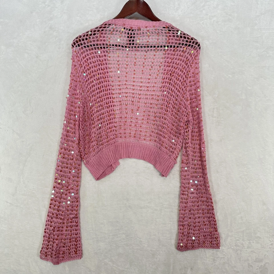 Suéter Vintage Bisou Bisou Mujer XL Rosa Crochet Lentejuelas Recortado Glamour Cárdigan Foto 3 de 4