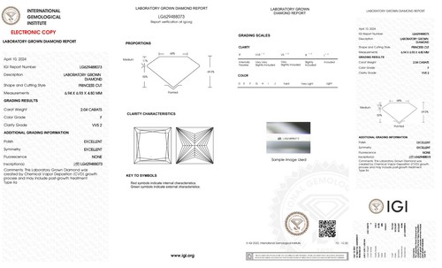 2.04 ct, F-VVS2 Princess Diamond, IGI Certified Diamond, CVD Lab Grown Diamond. - Picture 5 of 6