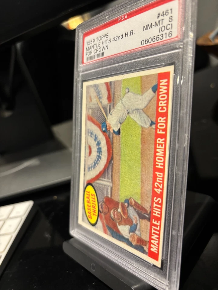 1959 Topps #461 Mickey Mantle “Hits 42nd Homer for Crown” PSA 8 casi nuevo-como nuevo – Yankees Foto 3 de 4