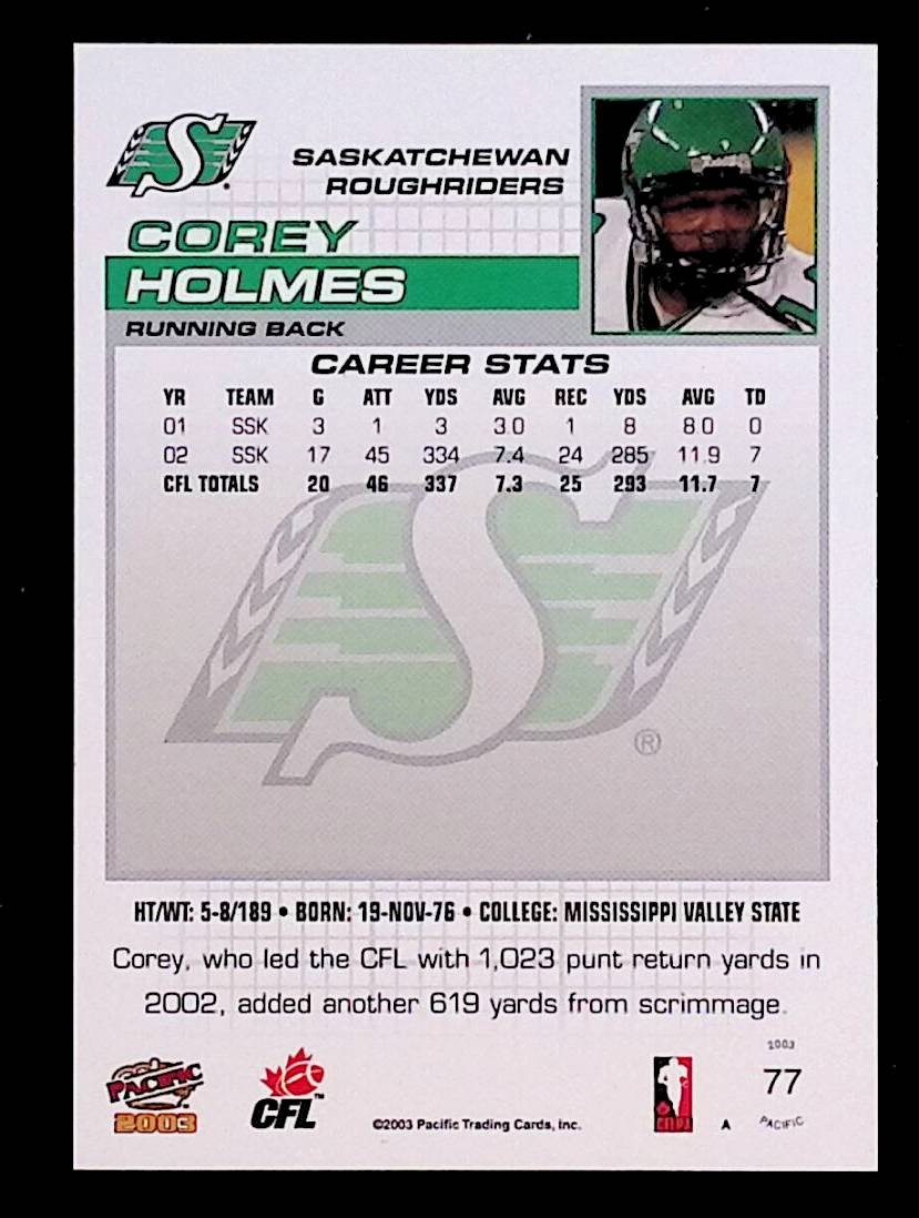 Corey Holmes 2003 Pacific CFL Red #77 Saskatchewan Roughriders | eBay