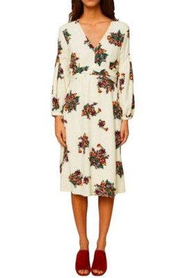 Ba&Sh Womens V Neck Long Sleeve Abstract Print Midi Dress Cream Size 6