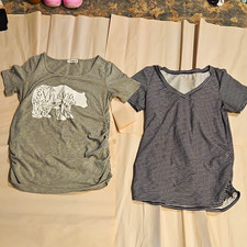 GINKANA & A:Glow 2pc M Mama Graphic Tee + Striped V-Neck Top Gray/Blk/Wht