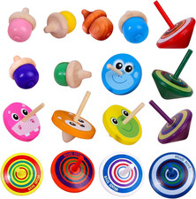 WODI Wooden Spinning Tops, 17 Pcs Wood Novelty Gyroscopes, Kids Handmade Painte