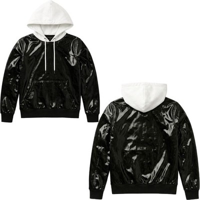 Mens Black PVC Glossy Hoodie White Hood Shiny Latex Look Pullover Kangaroo Pocke