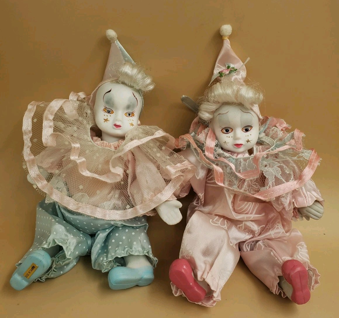 Vintage Porcelain Pierrot Clown Dolls Set Pink Blue Lace Jester