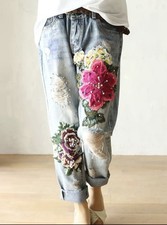 Y2K Mori Girl Denim Trousers Retro Pencil Jeans Women Floral Embroidery Pearl