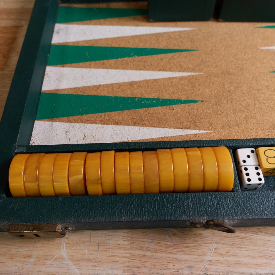Vintage Crisloid Backgammon 1.5" Bakelite Butterscotch Emerald Swirl Complete - Image 2 of 4