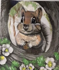 ACEO Mini Art Painting Acrylics & Mixed Media Cute Chipmunk Hollow Tree Flowers