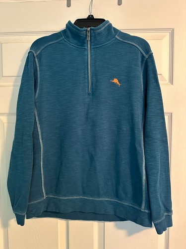 Tommy Bahama, Tommy Bahama Men’s Quarter Zip Turquoise/Blue Pullover Marlin Logo Size Medium