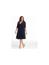 KIYONNA Womens Navy Elbow Sleeve Knee Length Wear To Work Wrap Dress Plus 1X
