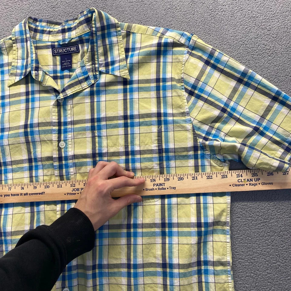 STRUCTURE Plaid Shirt Button Down Short Sleeve Mens Large Classic Yellow Blue - Image 4 of 4