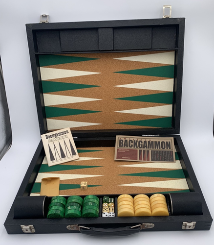 Vintage MCM DRUECKE Backgammon Set Lockable Case Green Butterscotch Checkers
