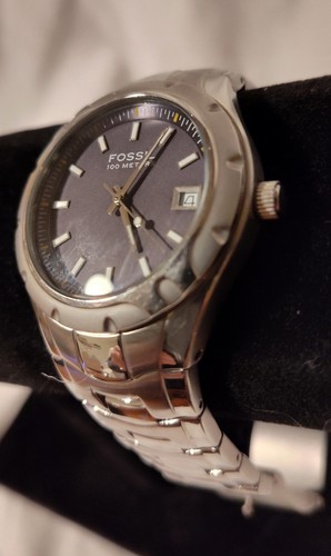 Vintage Fossil Blue AM-4065 Watch Date Stainless Black Dial Quartz Analog Sm 7" - Picture 9 of 11