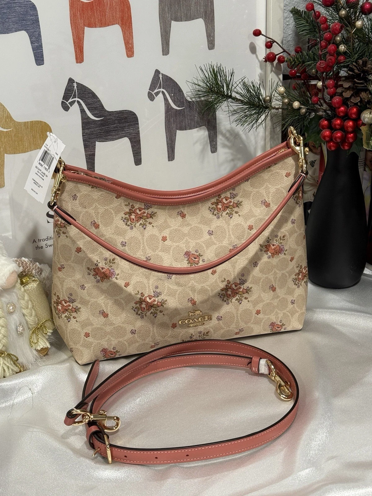 Borsa a tracolla Coach Laurel in tela firmata con stampa floreale sabbia CAL36 nuova con etichette