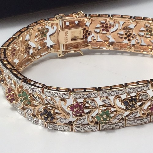 Rose Gold Plated Sterling Silver Multi Gemstone Bracelet 28 Grams 6.75” - Picture 7 of 13