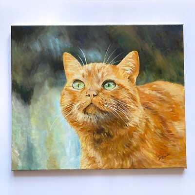 Original Oil Painting Canvas - Ginger Cat with Green Eyes 20x24 in - Signed Art