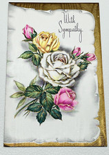 Vintage With Sympathy Card Roses Flowers Textured Ribbed Stock Gold Trim MCM