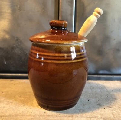 Rare Sucrier Et Sa Cuillère Bois Vintage Faïence Melitta Marron H 8,5 Cm - Photo 1/4