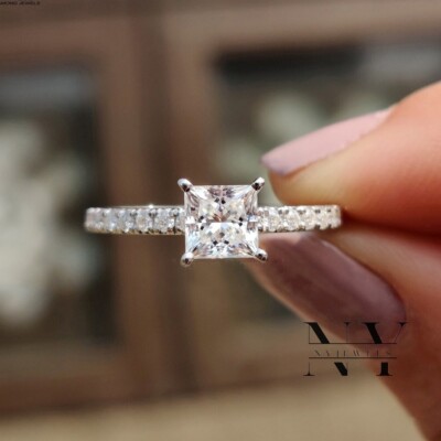 Moissanite Solitaire Engagement Ring Solid 14K White Gold 2 CT Princess Cut VVS1