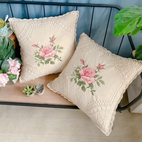 Floral Pattern Removable Cushion Cover Crossing Embroidery Square 45x45cm