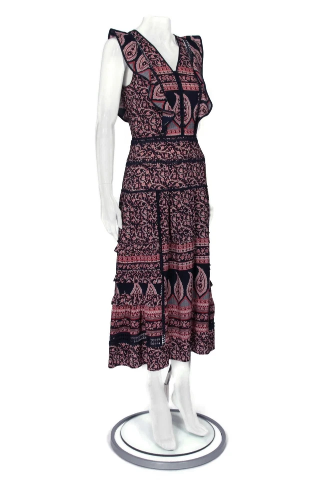 Vestido midi de seda sin mangas con volantes azul cachemir floral SEA New York talla 0/562 Foto 2 de 4