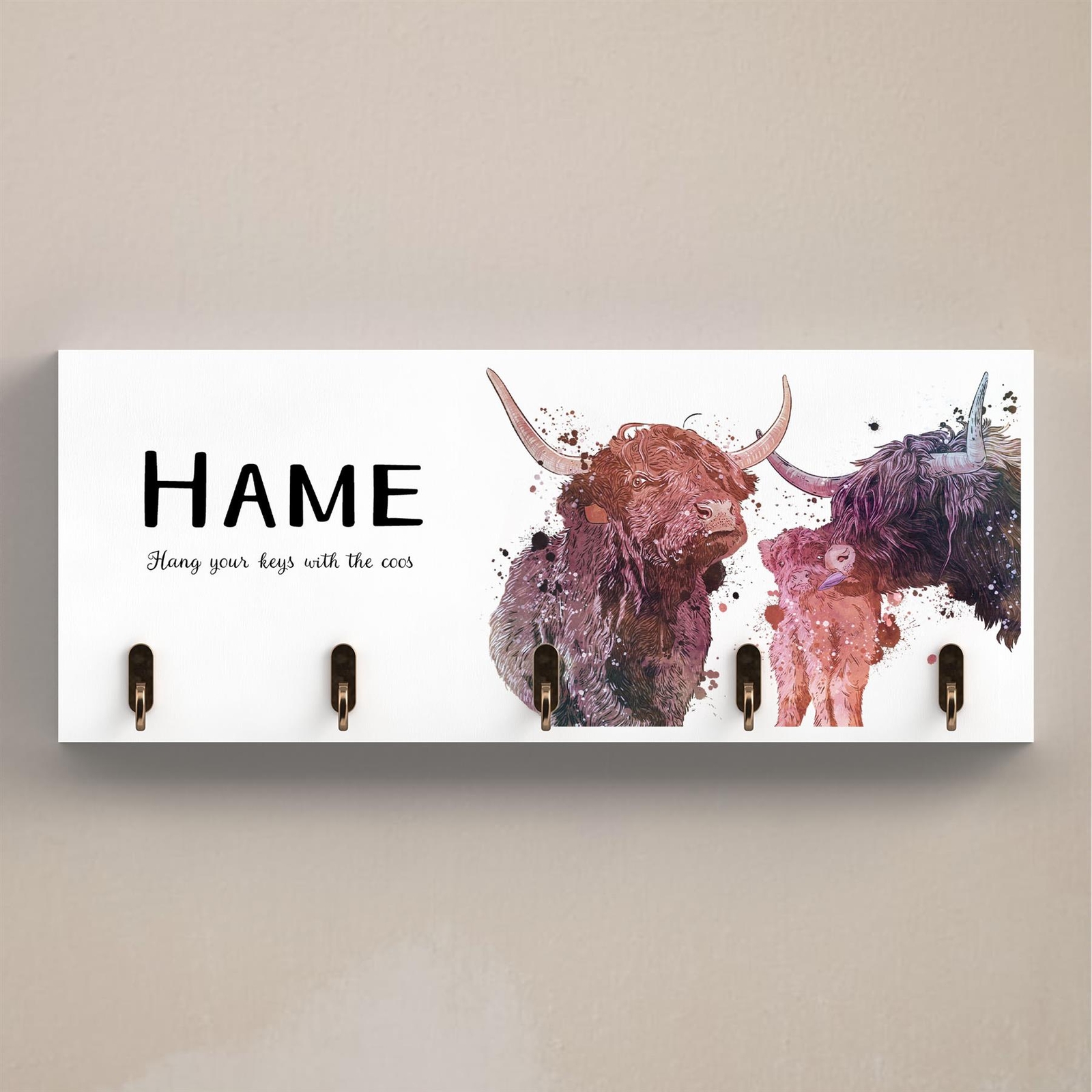 Hame Hang Your Keys Highland Cows Watercolour Illustration Wooden Key Rack