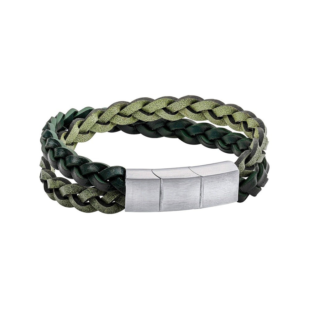 Mens Leather Bracelet B5514 Fred Bennett Green Double Braided  Steel Clasp