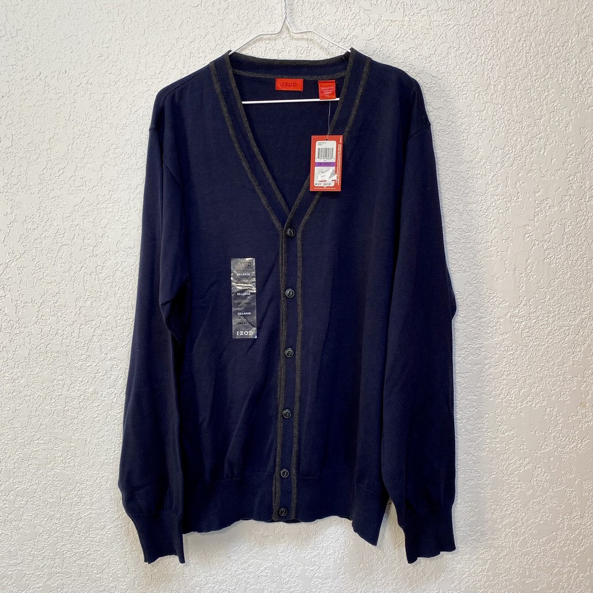 IZOD Cardigan Men’s XXL Button Sweater Blue Gray Knit 100% Cotton Long  Sleeve