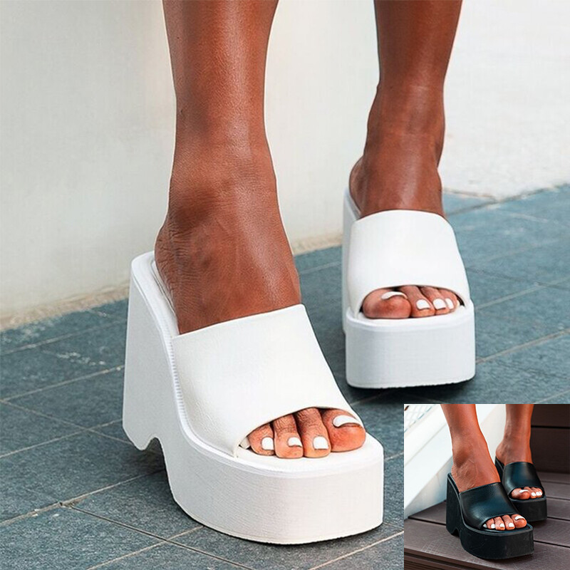 Womens Platform Wedge Heel Slides Chunky Summer Sandals