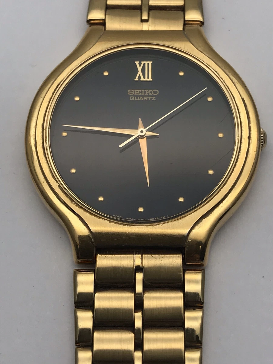 Seiko Gold Tone Dress Watch Black Dial Gold Dots Quartz New