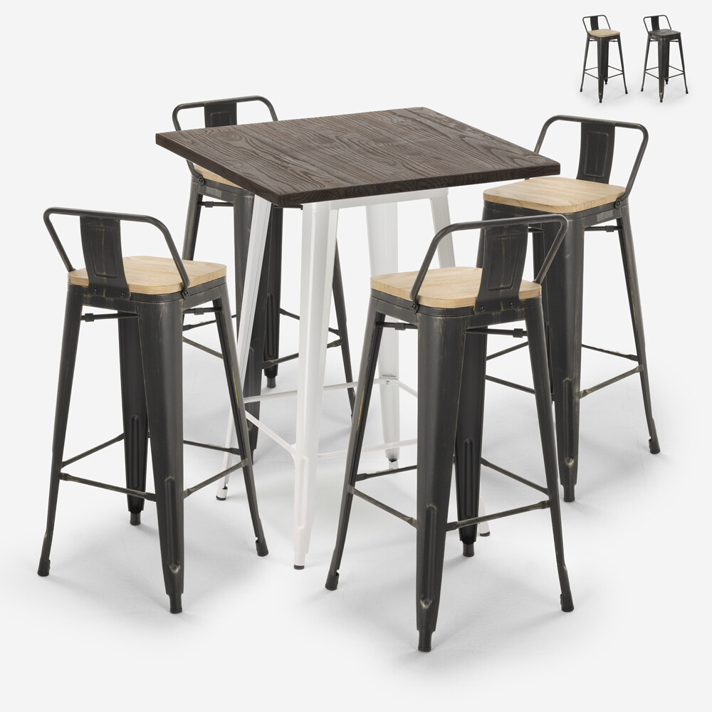Juego mesa madera metal alto bar 60 x 60 cm 4 taburetes...