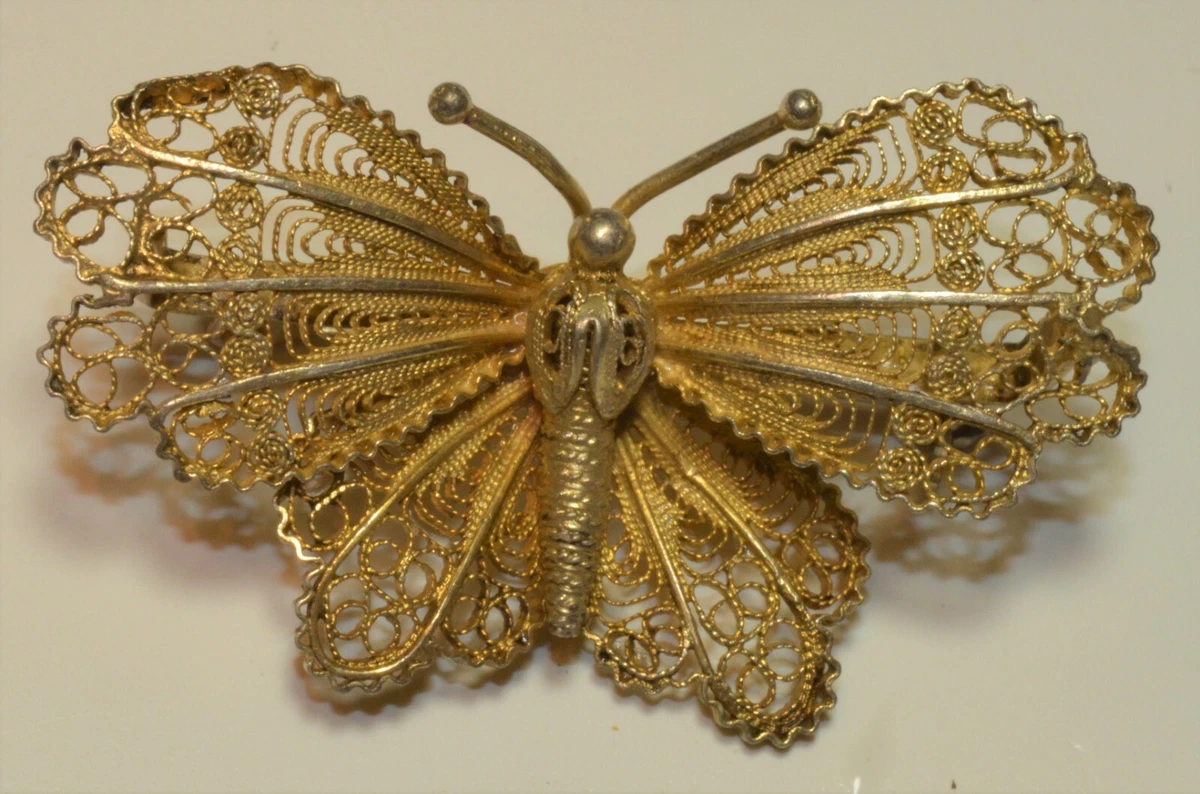 Antique Gold Vermeil 800 Silver filigree butterfly pin brooch 42 x