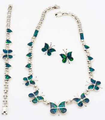 Green Fire Opal Necklace and Earrings Jewelry Sterling Silver  Butterfly 