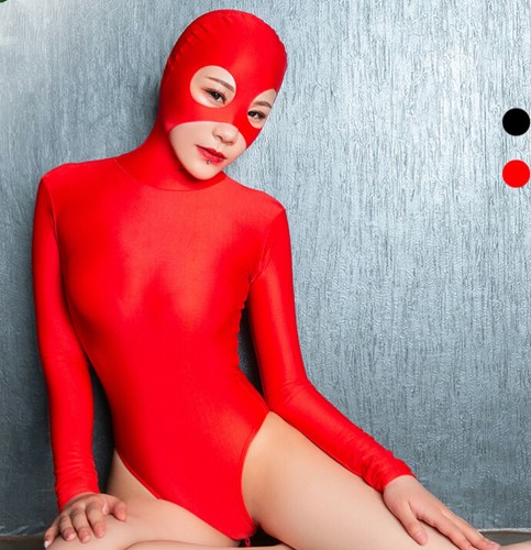 Women Zentai Shiny Bodysuit 2 Zipper High Cut Unitard Jumpsuit W Mask Hood Party - Picture 3 of 16