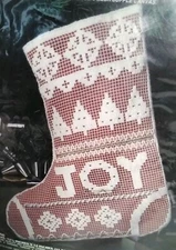  Christmas stocking Kit Net Darning red white snow flakes trees Joy 12x14 thread