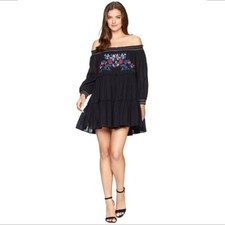 Free People Sunbeams Boho mini dress embroidery smocking off shoulder tiered L