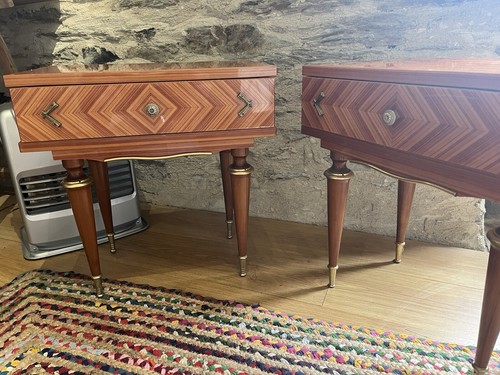 1970s Matching Pair Of Rare French Lacquered Wooden Bedside Cabinet Lamp Table - Picture 2 of 15