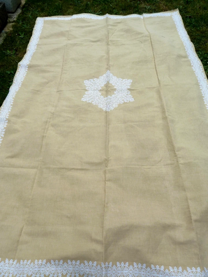 Ancienne nappe coton lin beige blanc marque De Witte Lietaer Belgique 243/150 cm - Photo 3/4