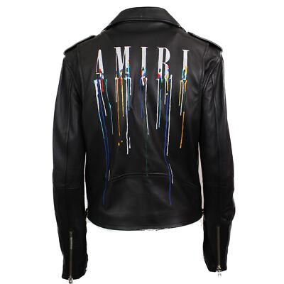 NWT Amiri PERFECTO WITH PAINT EMBROIDERY Black Leather