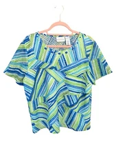 Alfred Dunner Blue/Green/White Short Sleeve Semi-Sheer Sleeves & Back-Size Large