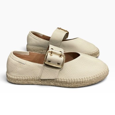 Jutelia Cream Leather Mary Jane Espadrilles Gold Buckle Made in Spain 39 8.5