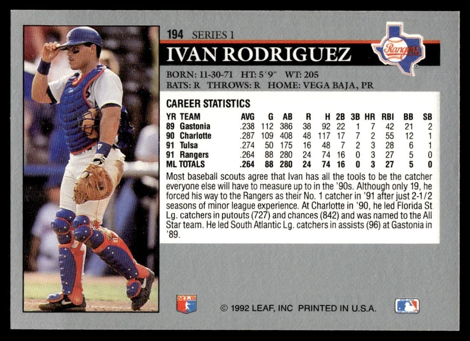 1992 Leaf Ivan Rodriguez Texas Rangers #194 - Image 2 of 2