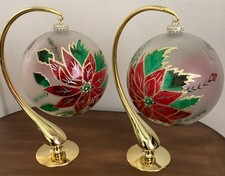 Poinsettia Hand Painted Plastic Large Christmas Ornaments Set Of 2 With Stands