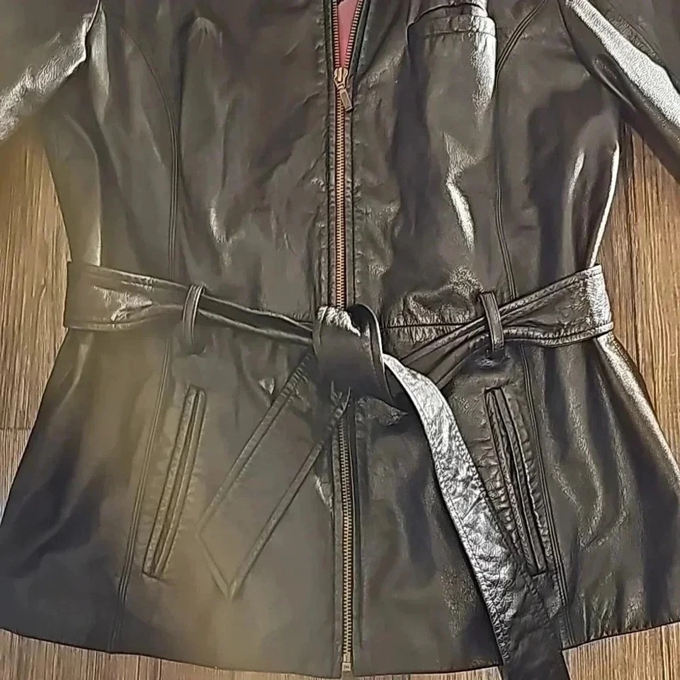 Womens Preston & York Black Leather Trench Moto Jacket Sz Petite Medium - Image 3 of 4