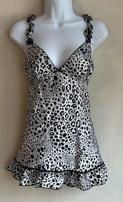 Vintage Y2K Silver Satin Leopard Print Ruffle Babydoll Chemise L Cami Tank