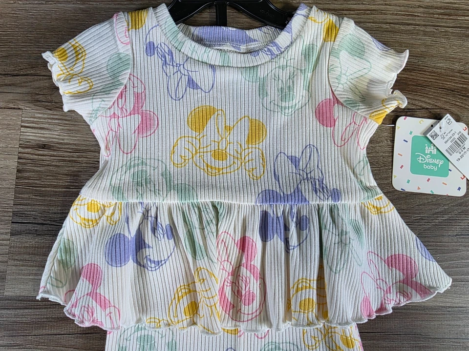 Disney Bebé Niñas Conjunto de 2 Piezas Minnie Mouse SS Camisa Pantalones Cortos Talla 0-3 M Blanco Multi NUEVO - Imagen 2 de 4